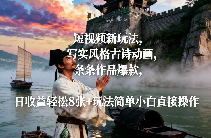 短视频新玩法，写实风格古诗动画，条条作品爆款，日收益轻松8张+玩法简单小白直接操作瀚萌资源网-网赚网-网赚项目网-虚拟资源网-国学资源网-易学资源网-本站有全网最新网赚项目-易学课程资源-中医课程资源的在线下载网站！瀚萌资源网