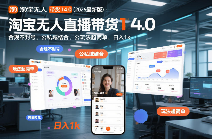 淘宝无人直播带货14.0（2026最新版）：合规不封号，公私域结合，玩法超简单，日入1k+【揭秘】瀚萌资源网-网赚网-网赚项目网-虚拟资源网-国学资源网-易学资源网-本站有全网最新网赚项目-易学课程资源-中医课程资源的在线下载网站！瀚萌资源网