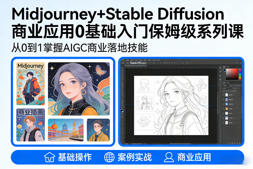 AIGC商业应用Midjourney+Stable Diffusion教程，0基础入门保姆级系列课瀚萌资源网-网赚网-网赚项目网-虚拟资源网-国学资源网-易学资源网-本站有全网最新网赚项目-易学课程资源-中医课程资源的在线下载网站！瀚萌资源网