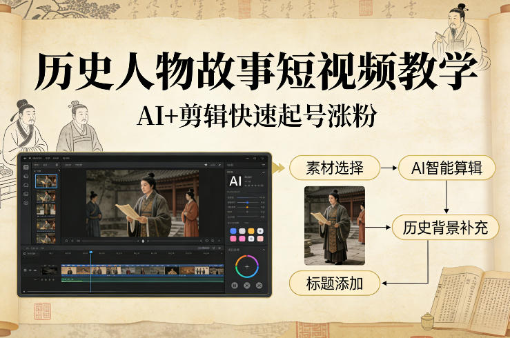 历史人物故事短视频教学，AI+剪辑制作历史人物题材短视频，快速起号涨粉瀚萌资源网-网赚网-网赚项目网-虚拟资源网-国学资源网-易学资源网-本站有全网最新网赚项目-易学课程资源-中医课程资源的在线下载网站！瀚萌资源网