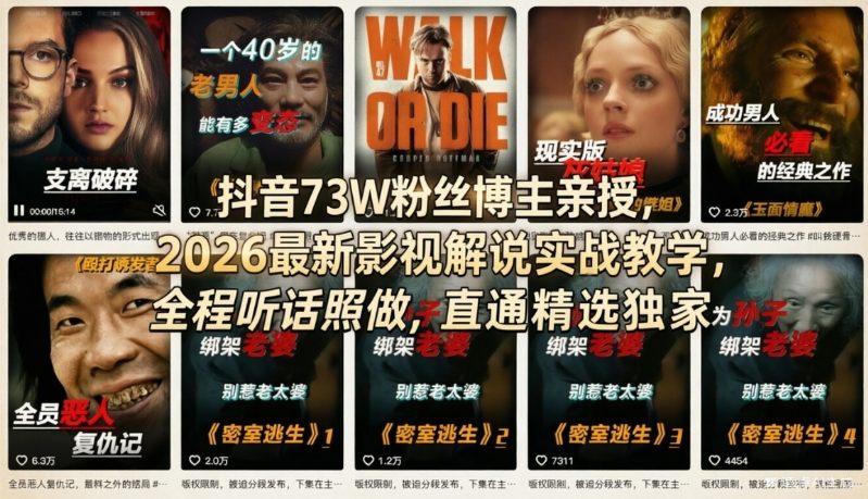 抖音73W粉丝博主亲授，2026最新影视解说实战教学，全程听话照做，直通精选独家瀚萌资源网-网赚网-网赚项目网-虚拟资源网-国学资源网-易学资源网-本站有全网最新网赚项目-易学课程资源-中医课程资源的在线下载网站！瀚萌资源网