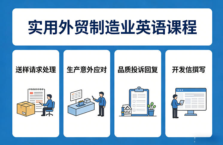 实用外贸制造业英语课程，教你专业处理送样请求、应对生产意外、回复品质投诉、撰写开发信等瀚萌资源网-网赚网-网赚项目网-虚拟资源网-国学资源网-易学资源网-本站有全网最新网赚项目-易学课程资源-中医课程资源的在线下载网站！瀚萌资源网