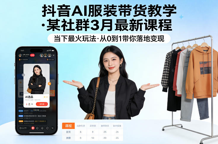 抖音AI服装带货教学，某社群3月最新课程，当下最火玩法，从0到1带你落地变现瀚萌资源网-网赚网-网赚项目网-虚拟资源网-国学资源网-易学资源网-本站有全网最新网赚项目-易学课程资源-中医课程资源的在线下载网站！瀚萌资源网