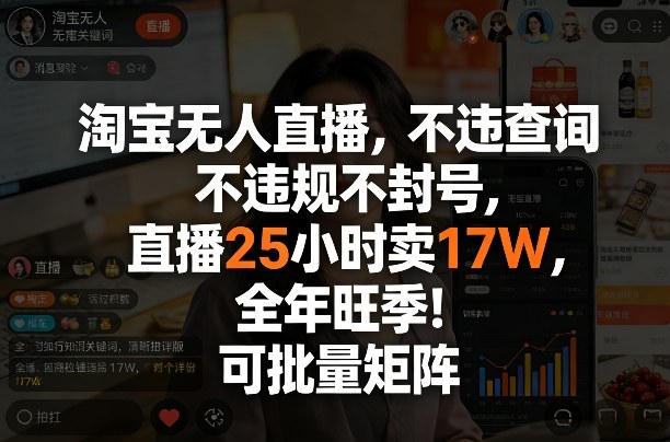 淘宝无人直播，不违规不封号，直播25小时卖17W，全年旺季！可批量矩阵【揭秘】瀚萌资源网-网赚网-网赚项目网-虚拟资源网-国学资源网-易学资源网-本站有全网最新网赚项目-易学课程资源-中医课程资源的在线下载网站！瀚萌资源网