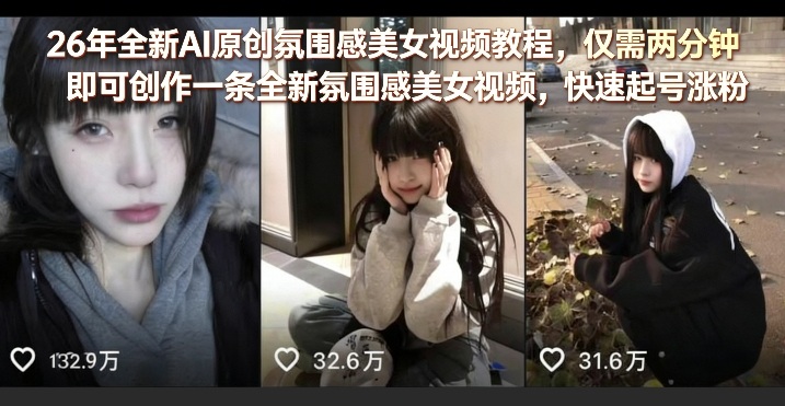 26年全新AI原创氛围感美女视频教程，仅需两分钟即可创作一条全新氛围感美女视频，快速起号涨粉瀚萌资源网-网赚网-网赚项目网-虚拟资源网-国学资源网-易学资源网-本站有全网最新网赚项目-易学课程资源-中医课程资源的在线下载网站！瀚萌资源网