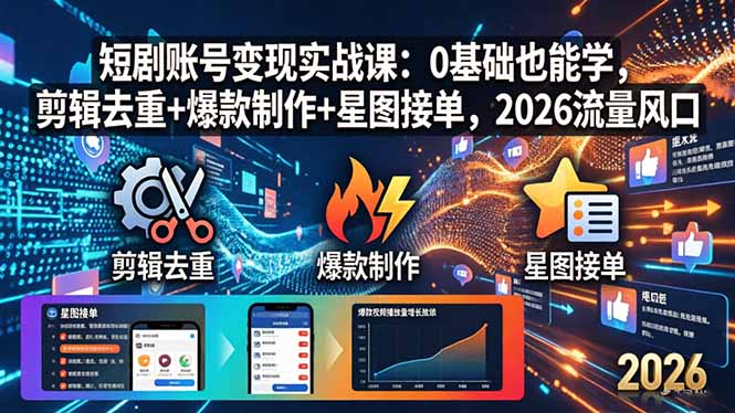 （18160期）短剧账号变现实战课：0基础也能学，剪辑去重+爆款制作+星图接单，2026流量风口瀚萌资源网-网赚网-网赚项目网-虚拟资源网-国学资源网-易学资源网-本站有全网最新网赚项目-易学课程资源-中医课程资源的在线下载网站！瀚萌资源网