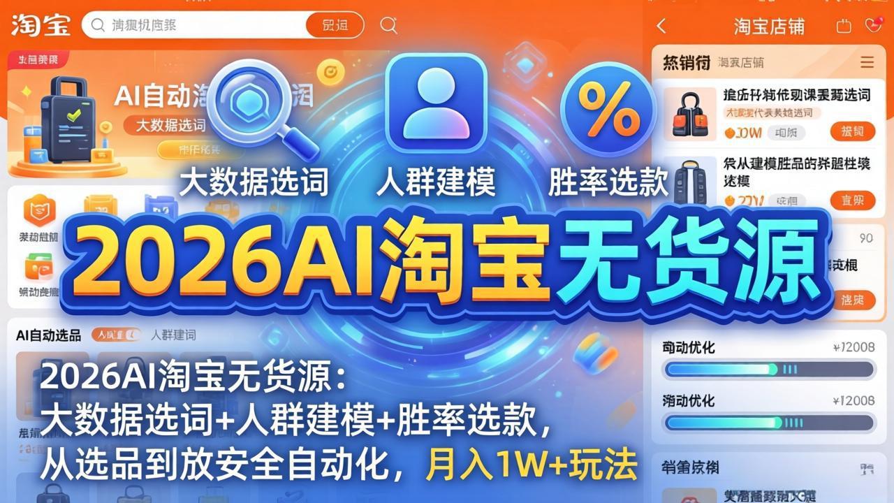 （18046期）2026AI淘宝无货源-4月更新：大数据选词+人群建模+胜率选款，从选品到放大全自动化，月入1W+玩法瀚萌资源网-网赚网-网赚项目网-虚拟资源网-国学资源网-易学资源网-本站有全网最新网赚项目-易学课程资源-中医课程资源的在线下载网站！瀚萌资源网