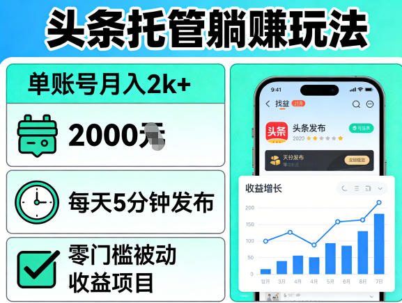 头条托管躺賺玩法，单账号月入2k+，每天5分钟发布即可，零门槛被动收益项目【揭秘】瀚萌资源网-网赚网-网赚项目网-虚拟资源网-国学资源网-易学资源网-本站有全网最新网赚项目-易学课程资源-中医课程资源的在线下载网站！瀚萌资源网