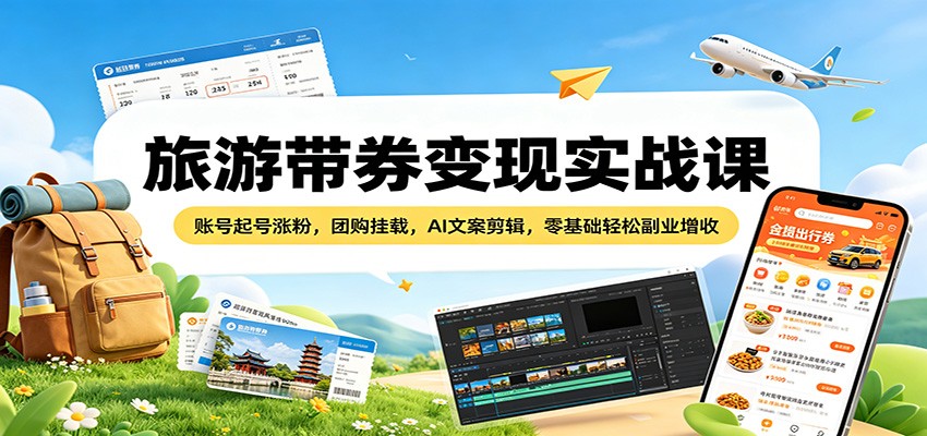 旅游带券变现实战课：账号起号涨粉，团购挂载，AI文案剪辑，零基础轻松副业增收瀚萌资源网-网赚网-网赚项目网-虚拟资源网-国学资源网-易学资源网-本站有全网最新网赚项目-易学课程资源-中医课程资源的在线下载网站！瀚萌资源网