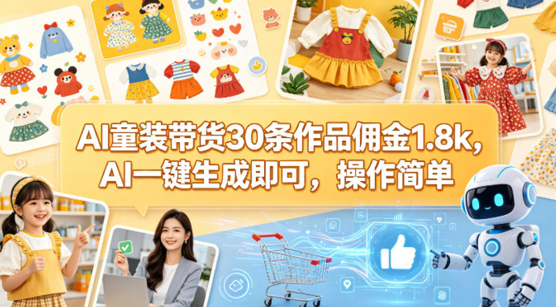 AI童装带货30条作品佣金1.8k，AI一键生成即可，操作简单瀚萌资源网-网赚网-网赚项目网-虚拟资源网-国学资源网-易学资源网-本站有全网最新网赚项目-易学课程资源-中医课程资源的在线下载网站！瀚萌资源网