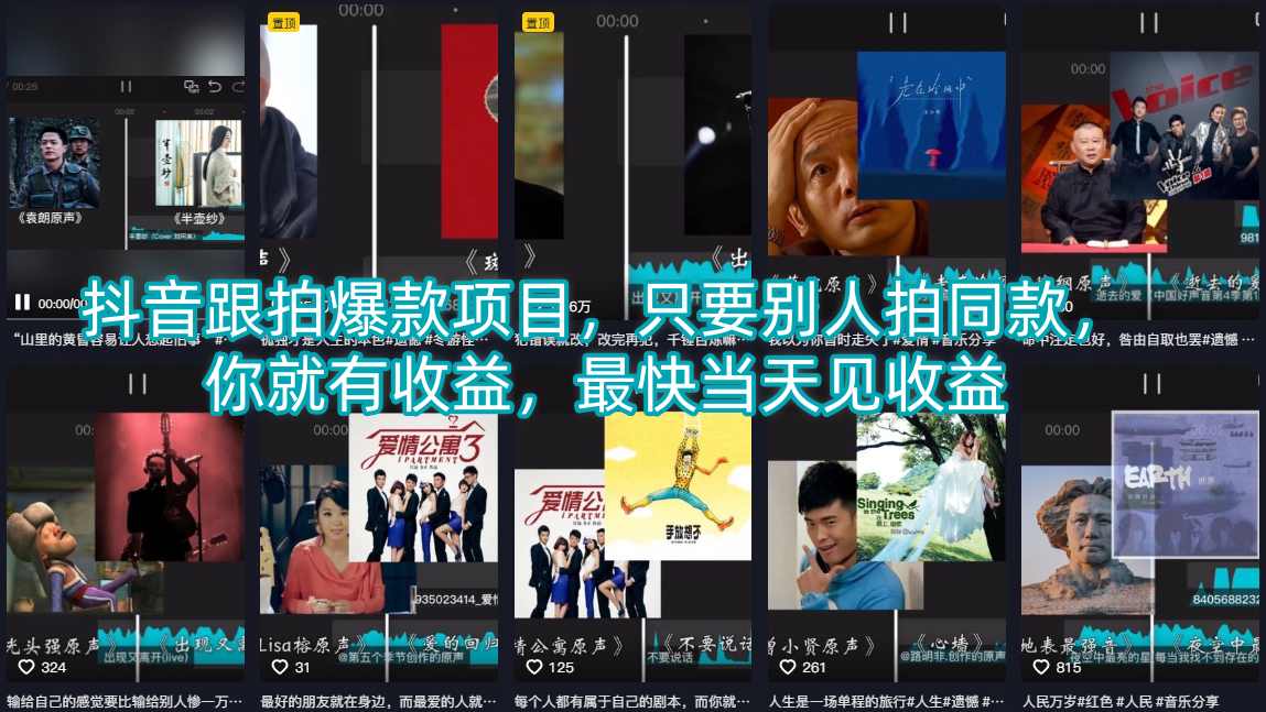 抖音跟拍爆款项目，只要别人拍同款，你就有收益，最快当天见收益瀚萌资源网-网赚网-网赚项目网-虚拟资源网-国学资源网-易学资源网-本站有全网最新网赚项目-易学课程资源-中医课程资源的在线下载网站！瀚萌资源网