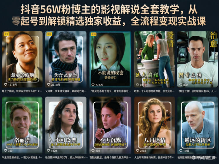 抖音56W粉博主的影视解说全套教学，从零起号到解锁精选独家收益，全流程变现实战课瀚萌资源网-网赚网-网赚项目网-虚拟资源网-国学资源网-易学资源网-本站有全网最新网赚项目-易学课程资源-中医课程资源的在线下载网站！瀚萌资源网