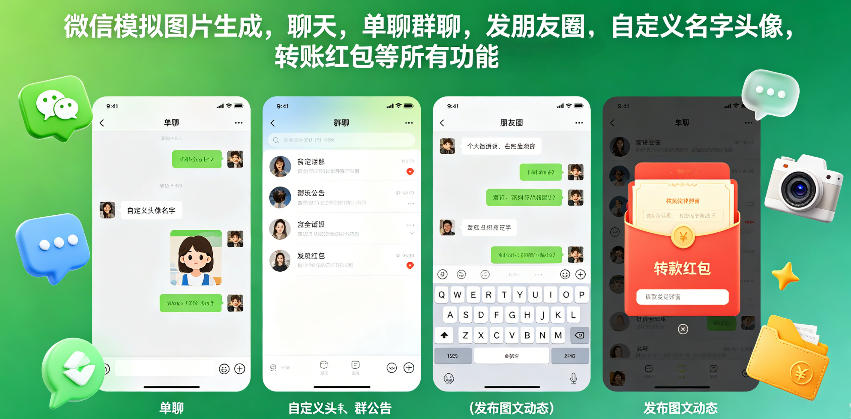 微信模拟图片生成，聊天，单聊群聊，发朋友圈，自定义名字头像，转账红包等所有功能都可以生成瀚萌资源网-网赚网-网赚项目网-虚拟资源网-国学资源网-易学资源网-本站有全网最新网赚项目-易学课程资源-中医课程资源的在线下载网站！瀚萌资源网