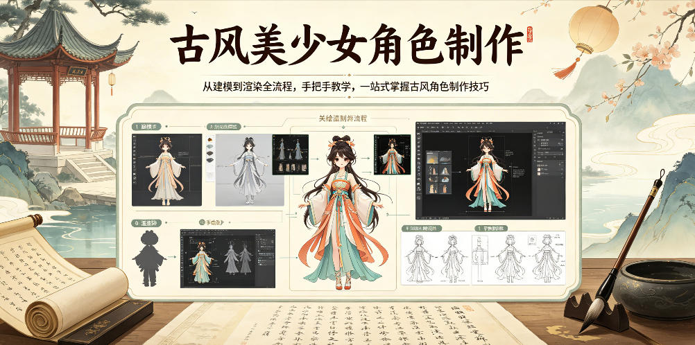 古风美少女角色制作，从建模到渲染全流程，手把手教学，一站式掌握古风角色制作技巧瀚萌资源网-网赚网-网赚项目网-虚拟资源网-国学资源网-易学资源网-本站有全网最新网赚项目-易学课程资源-中医课程资源的在线下载网站！瀚萌资源网