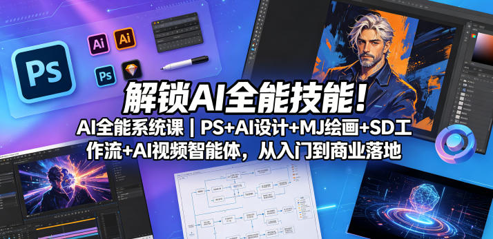 解锁AI全能技能！AI全能系统课｜PS+AI设计+MJ绘画+SD工作流+AI视频智能体，从入门到商业落地瀚萌资源网-网赚网-网赚项目网-虚拟资源网-国学资源网-易学资源网-本站有全网最新网赚项目-易学课程资源-中医课程资源的在线下载网站！瀚萌资源网