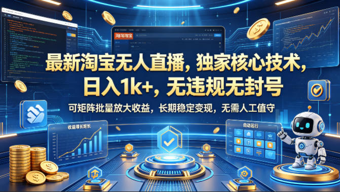 最新淘宝无人直播，独家核心技术，日入1k+，无违规无封号，可矩阵批量放大，长期稳定，无需人工值守【揭秘】瀚萌资源网-网赚网-网赚项目网-虚拟资源网-国学资源网-易学资源网-本站有全网最新网赚项目-易学课程资源-中医课程资源的在线下载网站！瀚萌资源网
