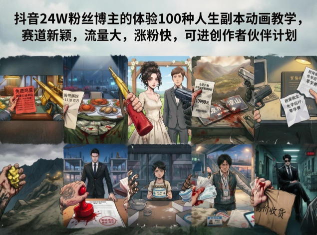 抖音24W粉丝博主的体验100种人生副本动画教学，赛道新颖，流量大，涨粉快，可进创作者伙伴计划瀚萌资源网-网赚网-网赚项目网-虚拟资源网-国学资源网-易学资源网-本站有全网最新网赚项目-易学课程资源-中医课程资源的在线下载网站！瀚萌资源网