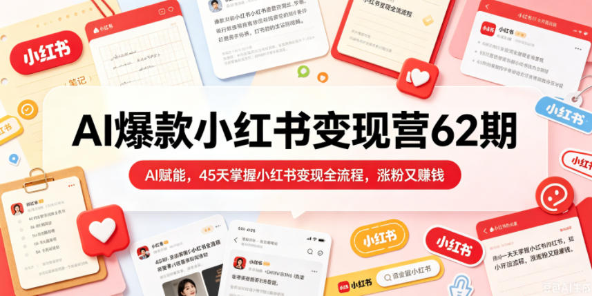 AI爆款小红书变现营62期2026年5月，AI赋能，45天掌握小红书变现全流程，涨粉又賺钱瀚萌资源网-网赚网-网赚项目网-虚拟资源网-国学资源网-易学资源网-本站有全网最新网赚项目-易学课程资源-中医课程资源的在线下载网站！瀚萌资源网