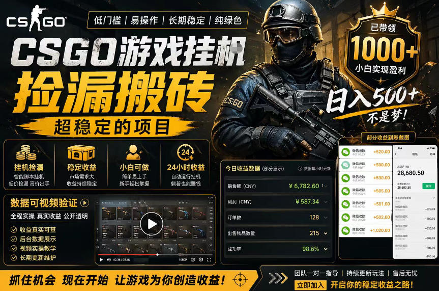 CSGO游戏搬砖，全自动挂G，不需要玩游戏，手机操作日入300+，解放双手【揭秘】瀚萌资源网-网赚网-网赚项目网-虚拟资源网-国学资源网-易学资源网-本站有全网最新网赚项目-易学课程资源-中医课程资源的在线下载网站！瀚萌资源网