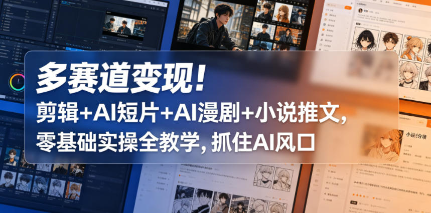 多赛道变现！剪辑+AI短片+AI漫剧+小说推文，零基础实操全教学，抓住AI风口瀚萌资源网-网赚网-网赚项目网-虚拟资源网-国学资源网-易学资源网-本站有全网最新网赚项目-易学课程资源-中医课程资源的在线下载网站！瀚萌资源网