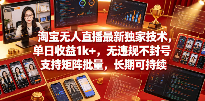 淘宝无人直播最新独家技术，单日收益1k+，无违规不封号，支持矩阵批量，长期可持续【揭秘】瀚萌资源网-网赚网-网赚项目网-虚拟资源网-国学资源网-易学资源网-本站有全网最新网赚项目-易学课程资源-中医课程资源的在线下载网站！瀚萌资源网