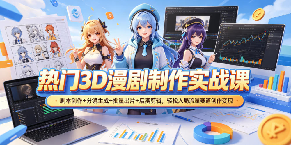 热门3D漫剧制作实战课，剧本创作+分镜生成+批量出片+后期剪辑，轻松入局流量赛道创作变现瀚萌资源网-网赚网-网赚项目网-虚拟资源网-国学资源网-易学资源网-本站有全网最新网赚项目-易学课程资源-中医课程资源的在线下载网站！瀚萌资源网