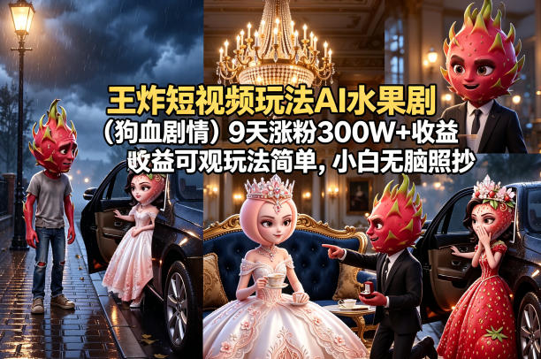 王炸短视频玩法AI水果剧（狗血剧情）9天涨粉300W+收益可观玩法简单，小白无脑照抄，详细拆解玩法瀚萌资源网-网赚网-网赚项目网-虚拟资源网-国学资源网-易学资源网-本站有全网最新网赚项目-易学课程资源-中医课程资源的在线下载网站！瀚萌资源网