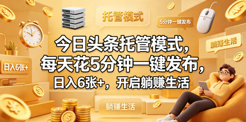 今日头条托管模式，每天花5分钟一键发布，日入6张+，开启躺賺生活【揭秘】瀚萌资源网-网赚网-网赚项目网-虚拟资源网-国学资源网-易学资源网-本站有全网最新网赚项目-易学课程资源-中医课程资源的在线下载网站！瀚萌资源网