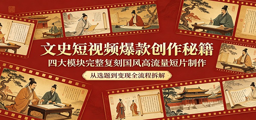 文史短视频爆款创作秘籍：四大模块完整复刻国风高流量短片制作瀚萌资源网-网赚网-网赚项目网-虚拟资源网-国学资源网-易学资源网-本站有全网最新网赚项目-易学课程资源-中医课程资源的在线下载网站！瀚萌资源网