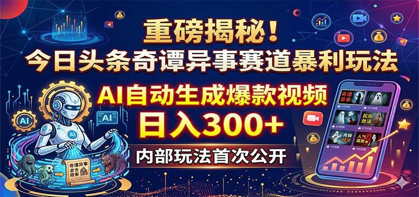 重磅揭秘!今日头条奇谭异事赛道暴利玩法:AI自动生成爆款视频,日入300+瀚萌资源网-网赚网-网赚项目网-虚拟资源网-国学资源网-易学资源网-本站有全网最新网赚项目-易学课程资源-中医课程资源的在线下载网站!瀚萌资源网