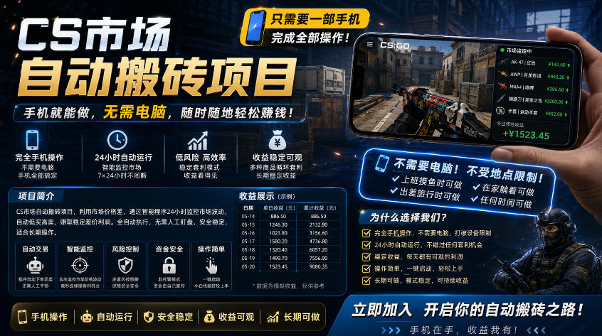 手机即可操作的CS市场自动搬砖系统｜自动监控｜自动下单|日入300+【揭秘】瀚萌资源网-网赚网-网赚项目网-虚拟资源网-国学资源网-易学资源网-本站有全网最新网赚项目-易学课程资源-中医课程资源的在线下载网站！瀚萌资源网