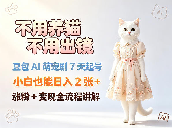 不用养猫不用出镜，豆包AI萌宠剧7天起号，小白也能日入2张+，涨粉+变现全流程讲解瀚萌资源网-网赚网-网赚项目网-虚拟资源网-国学资源网-易学资源网-本站有全网最新网赚项目-易学课程资源-中医课程资源的在线下载网站！瀚萌资源网