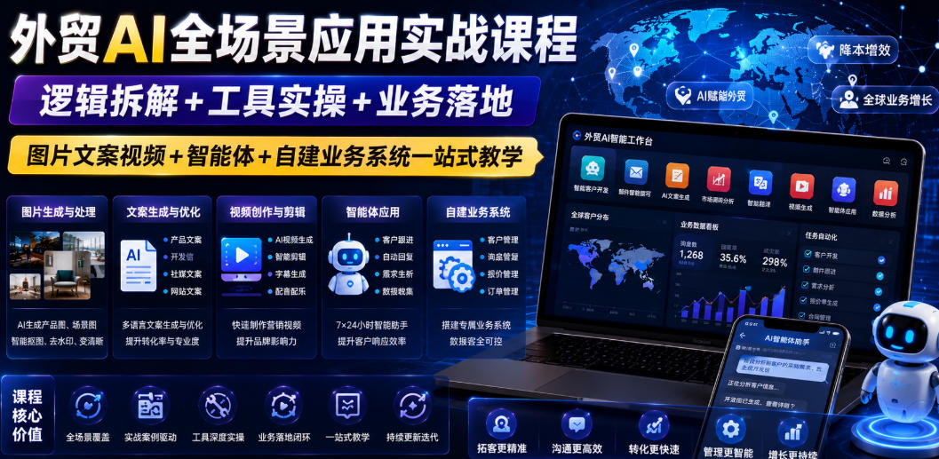 外贸AI全场景应用实战课程｜逻辑拆解+工具实操+业务落地，图片文案视频+智能体+自建业务系统一站式教学瀚萌资源网-网赚网-网赚项目网-虚拟资源网-国学资源网-易学资源网-本站有全网最新网赚项目-易学课程资源-中医课程资源的在线下载网站！瀚萌资源网