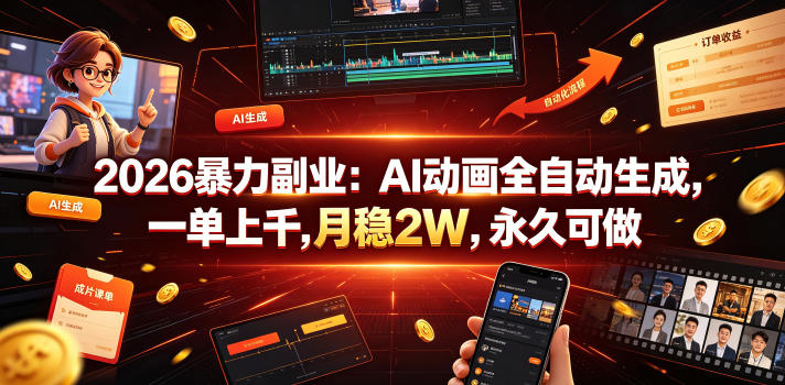 2026暴力副业：AI动画全自动生成，一单上千，月稳2W，永久可做【揭秘】瀚萌资源网-网赚网-网赚项目网-虚拟资源网-国学资源网-易学资源网-本站有全网最新网赚项目-易学课程资源-中医课程资源的在线下载网站！瀚萌资源网