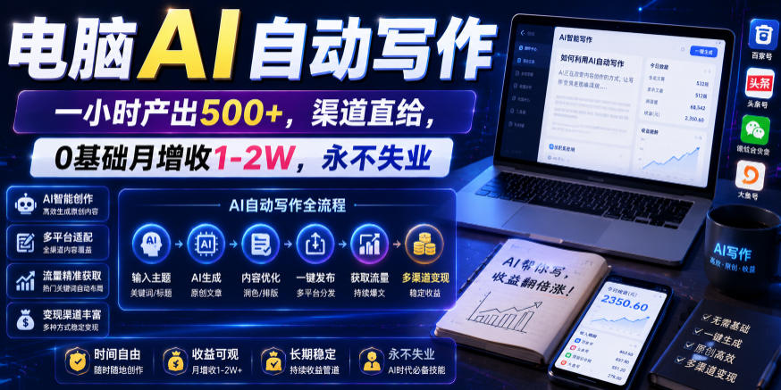 电脑AI自动写作，一小时产出500+，渠道直给，0基础月增收1-2W，永不失业【揭秘】瀚萌资源网-网赚网-网赚项目网-虚拟资源网-国学资源网-易学资源网-本站有全网最新网赚项目-易学课程资源-中医课程资源的在线下载网站！瀚萌资源网