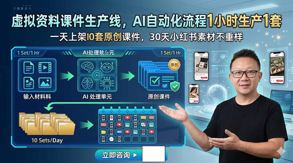 （19091期）虚拟资料课件生产线，AI自动化流程1小时生产1套，一天上架10套原创课件，30天小红书素材不重样瀚萌资源网-网赚网-网赚项目网-虚拟资源网-国学资源网-易学资源网-本站有全网最新网赚项目-易学课程资源-中医课程资源的在线下载网站！瀚萌资源网