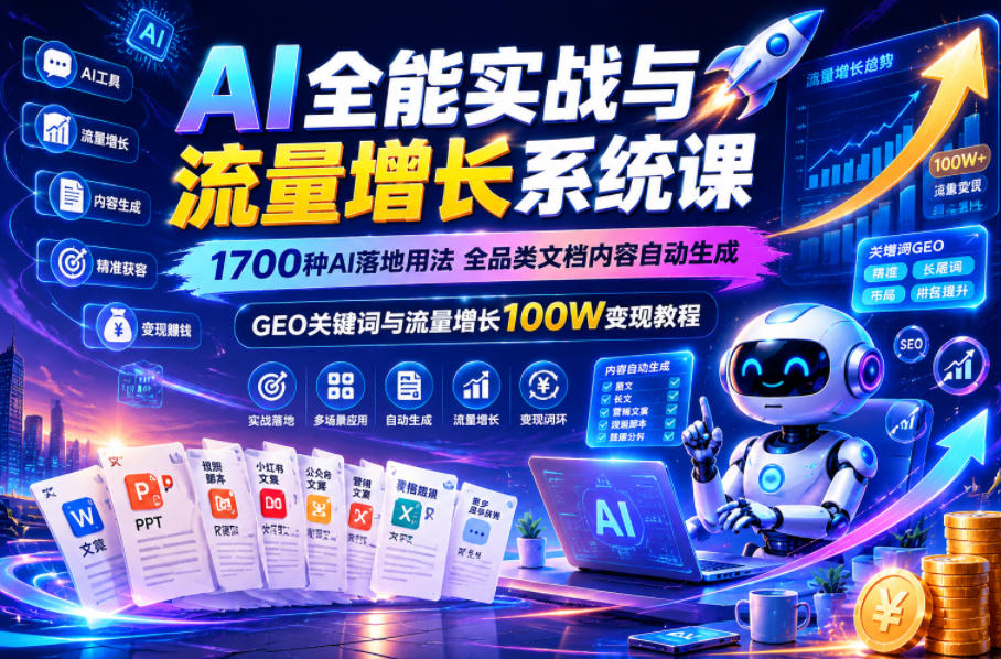 AI全能实战与流量增长系统课，1700种AI落地用法，全品类文档内容自动生成，GEO关键词与流量增长100W变现教程瀚萌资源网-网赚网-网赚项目网-虚拟资源网-国学资源网-易学资源网-本站有全网最新网赚项目-易学课程资源-中医课程资源的在线下载网站！瀚萌资源网