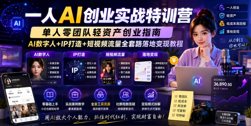 一人AI创业实战特训营，单人零团队轻资产创业指南，AI数字人+IP打造+短视频流量全套路落地变现教程瀚萌资源网-网赚网-网赚项目网-虚拟资源网-国学资源网-易学资源网-本站有全网最新网赚项目-易学课程资源-中医课程资源的在线下载网站！瀚萌资源网