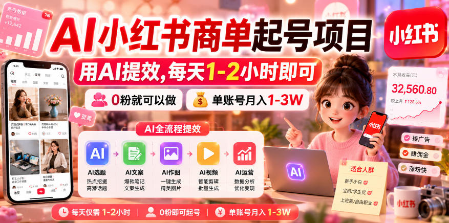 AI小红书商单起号项目，用AI提效,每天1-2小时即可，0粉就可以做，单账号月入1-3W瀚萌资源网-网赚网-网赚项目网-虚拟资源网-国学资源网-易学资源网-本站有全网最新网赚项目-易学课程资源-中医课程资源的在线下载网站！瀚萌资源网