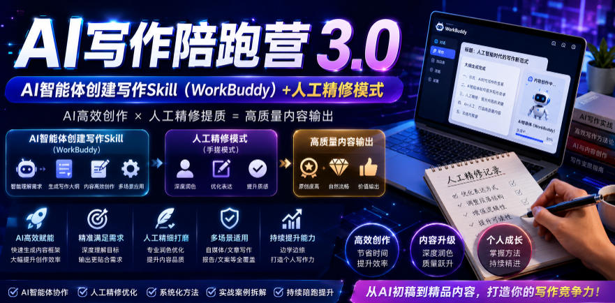 AI写作陪跑营3.0，Ai智能体创建写作skill（workbuddy）+人工手写模式（手搓模式），去除AI痕迹（头条号、公众号、百家号）瀚萌资源网-网赚网-网赚项目网-虚拟资源网-国学资源网-易学资源网-本站有全网最新网赚项目-易学课程资源-中医课程资源的在线下载网站！瀚萌资源网