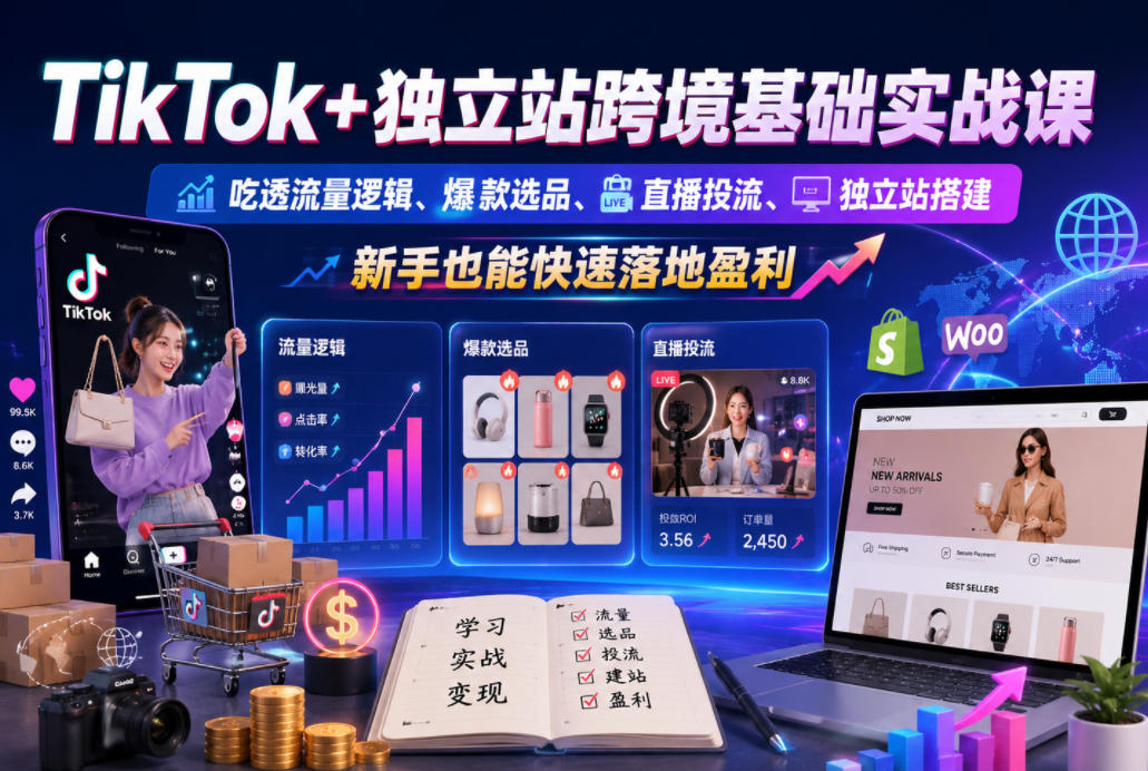 TikTok+独立站跨境基础实战课，吃透流量逻辑、爆款选品、直播投流与独立站搭建，新手也能快速落地盈利瀚萌资源网-网赚网-网赚项目网-虚拟资源网-国学资源网-易学资源网-本站有全网最新网赚项目-易学课程资源-中医课程资源的在线下载网站！瀚萌资源网