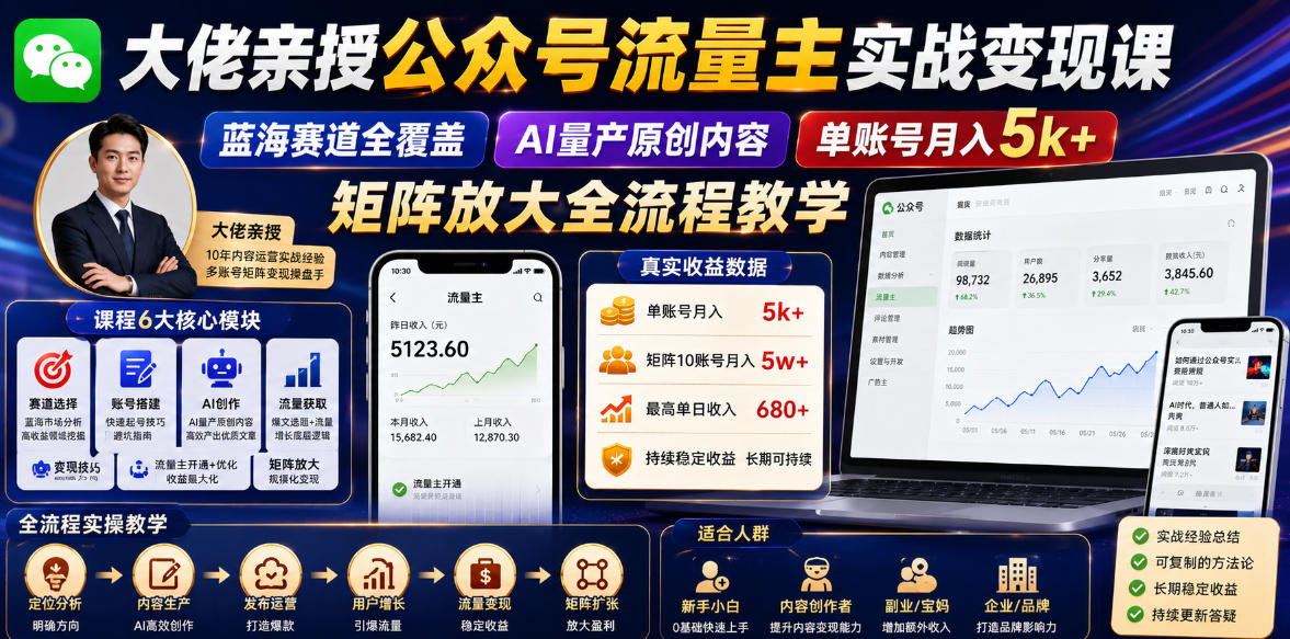 大佬亲授公众号流量主实战变现课，蓝海赛道全覆盖，AI量产原创内容，单账号月入5k+矩阵放大全流程教学瀚萌资源网-网赚网-网赚项目网-虚拟资源网-国学资源网-易学资源网-本站有全网最新网赚项目-易学课程资源-中医课程资源的在线下载网站！瀚萌资源网