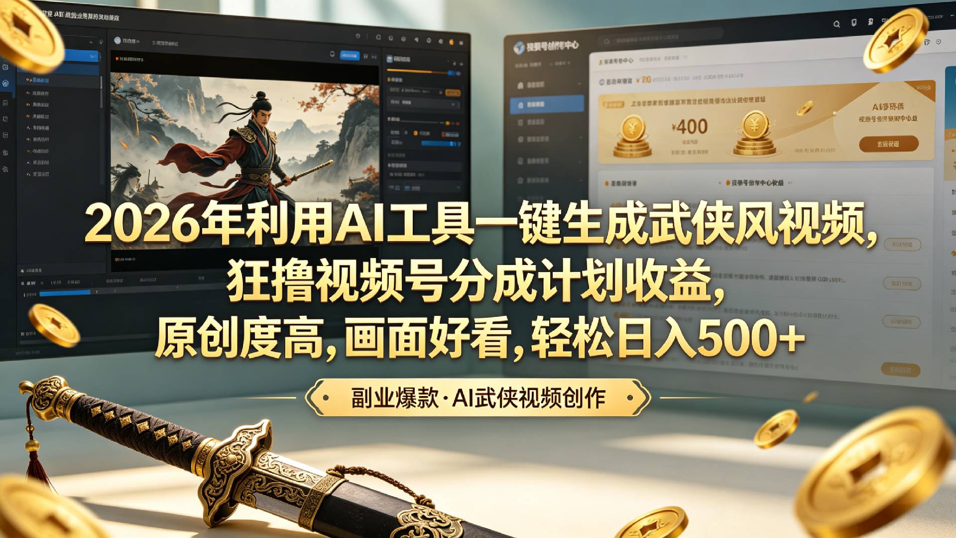2026年利用AI工具一键生成武侠风视频,狂撸视频号分成计划收益,原创度高,画面好看,轻松日入500+瀚萌资源网-网赚网-网赚项目网-虚拟资源网-国学资源网-易学资源网-本站有全网最新网赚项目-易学课程资源-中医课程资源的在线下载网站!瀚萌资源网
