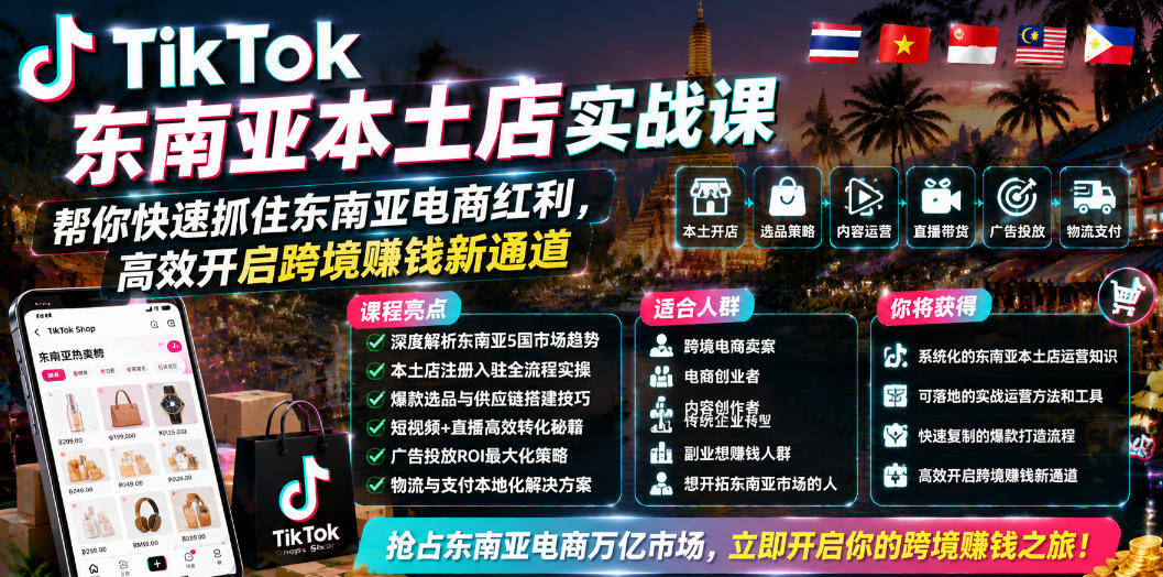 TikTok东南亚本土店实战课，帮你快速抓住东南亚电商红利，高效开启跨境賺钱新通道瀚萌资源网-网赚网-网赚项目网-虚拟资源网-国学资源网-易学资源网-本站有全网最新网赚项目-易学课程资源-中医课程资源的在线下载网站！瀚萌资源网