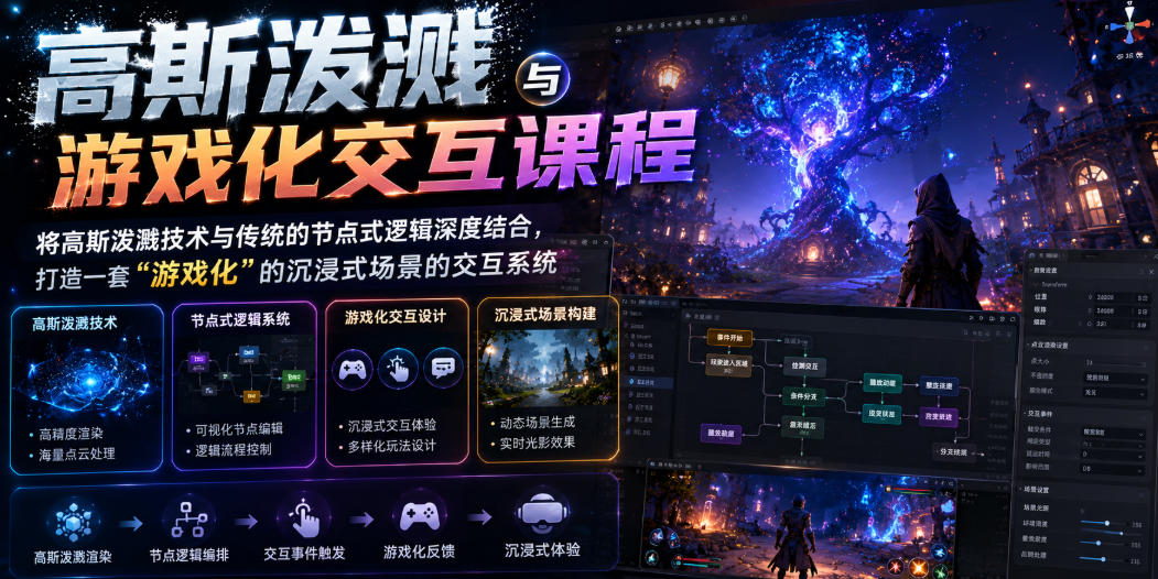高斯泼溅与游戏化交互课程，将高斯泼溅技术与传统的节点式逻辑深度结合，打造一套“游戏化”的沉浸式场景的交互系统瀚萌资源网-网赚网-网赚项目网-虚拟资源网-国学资源网-易学资源网-本站有全网最新网赚项目-易学课程资源-中医课程资源的在线下载网站！瀚萌资源网