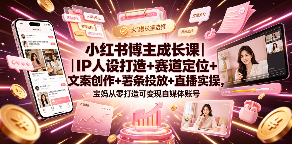 小红书博主成长课｜IP人设打造+赛道定位+文案创作+薯条投放+直播实操，宝妈从零打造可变现自媒体账号瀚萌资源网-网赚网-网赚项目网-虚拟资源网-国学资源网-易学资源网-本站有全网最新网赚项目-易学课程资源-中医课程资源的在线下载网站！瀚萌资源网