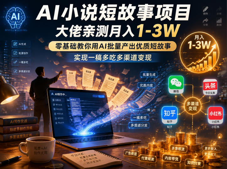 AI小说短故事项目，大佬亲测月入1-3W，零基础教你用AI批量产出优质短故事，实现一稿多吃多渠道变现瀚萌资源网-网赚网-网赚项目网-虚拟资源网-国学资源网-易学资源网-本站有全网最新网赚项目-易学课程资源-中医课程资源的在线下载网站！瀚萌资源网