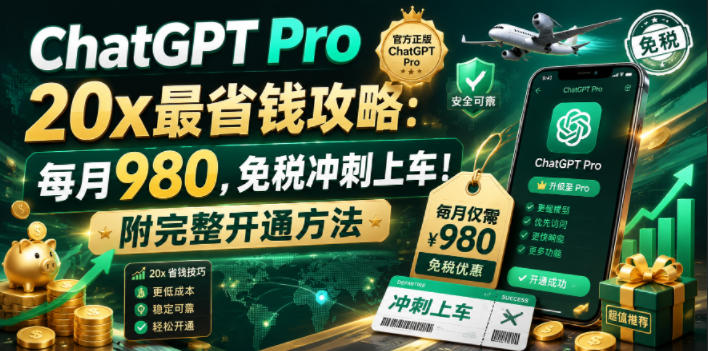 ChatGPT Pro 20x最省钱攻略:每月980,免税冲刺上车!附完整开通方法【文档】瀚萌资源网-网赚网-网赚项目网-虚拟资源网-国学资源网-易学资源网-本站有全网最新网赚项目-易学课程资源-中医课程资源的在线下载网站!瀚萌资源网