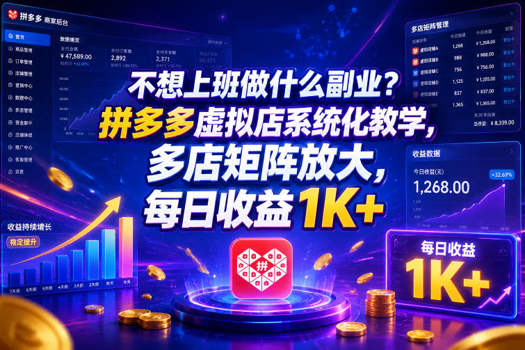 不想上班做什么副业？拼多多虚拟店系统化教学，多店矩阵放大，每日收益1K+【揭秘】瀚萌资源网-网赚网-网赚项目网-虚拟资源网-国学资源网-易学资源网-本站有全网最新网赚项目-易学课程资源-中医课程资源的在线下载网站！瀚萌资源网
