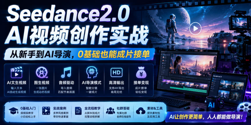 Seedance2.0 AI视频创作实战，从新手到AI导演，0基础也能成片接单变现瀚萌资源网-网赚网-网赚项目网-虚拟资源网-国学资源网-易学资源网-本站有全网最新网赚项目-易学课程资源-中医课程资源的在线下载网站！瀚萌资源网